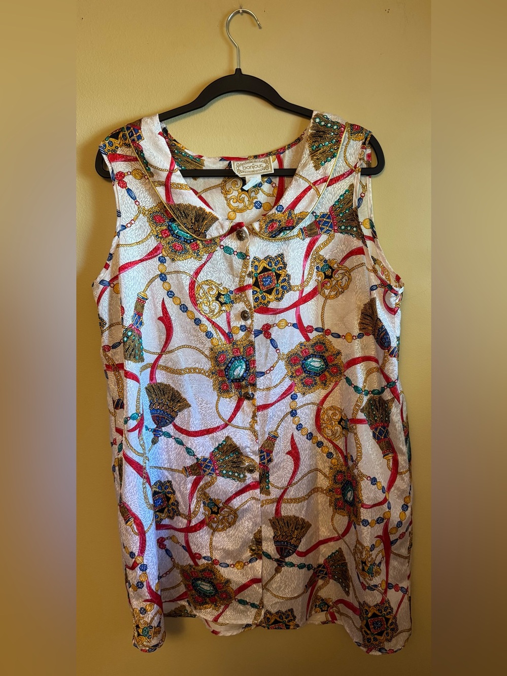 Sleeveless Printed White Tank Dress with Multicolor Chain & Medallion Motif